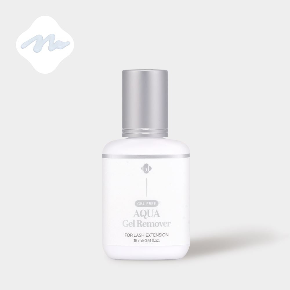 Front view of BL Lashes Aqua Gel Remover 15ml bottle with a silver cap for eyelash extensions. The image includes an icon in the top left corner showing the clear gel texture.
