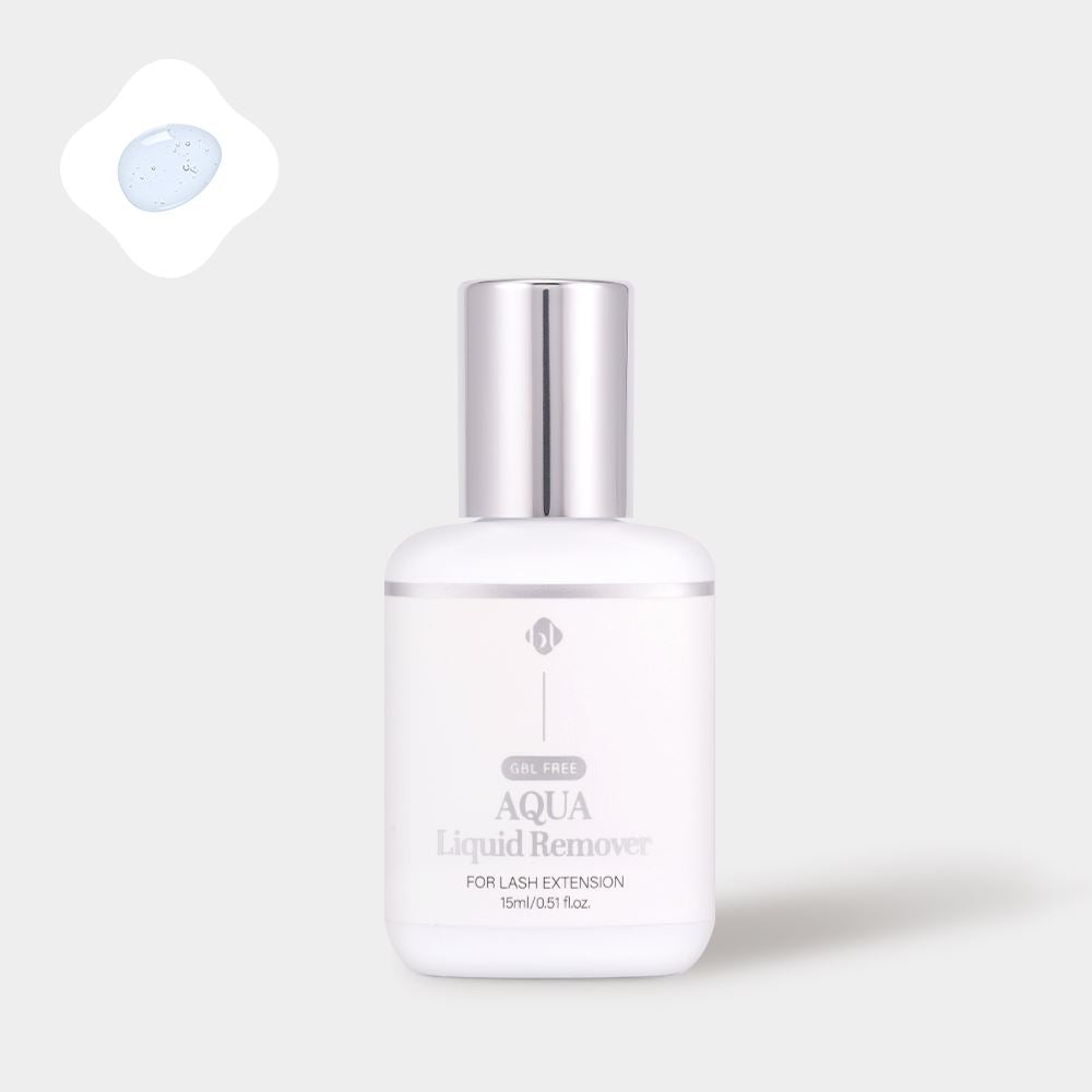 Front view of BL Lashes Aqua Liquid Remover 15ml bottle with a silver cap for eyelash extensions. The image includes an icon in the top left corner showing the clear liquid texture.