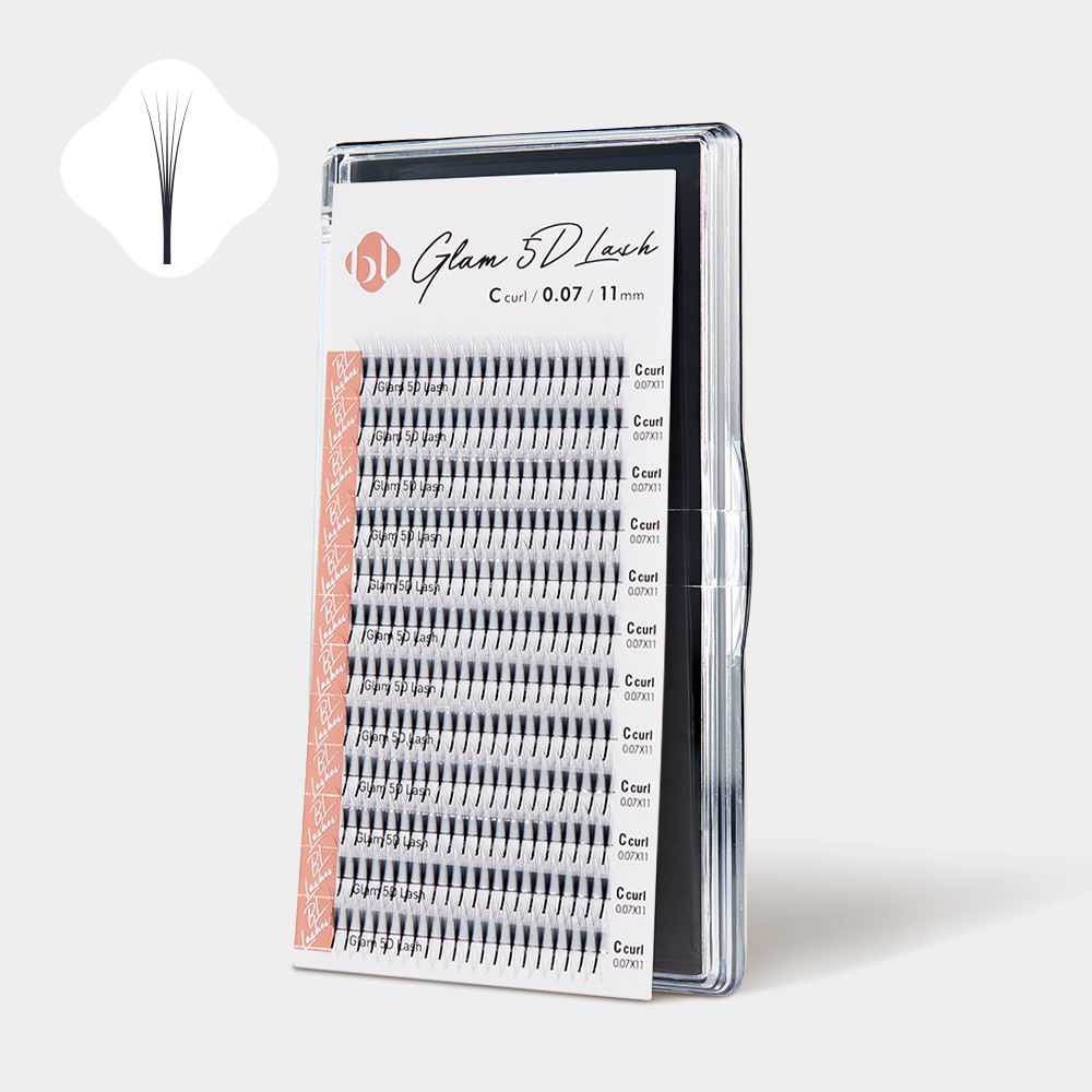 Front view of BL Lashes Glam 5D Lash eyelash extension tray displaying C curl, 0.07mm thickness, and 11mm length volume lashes. The image includes an icon in the top left corner showing a 5D volume lash fan.