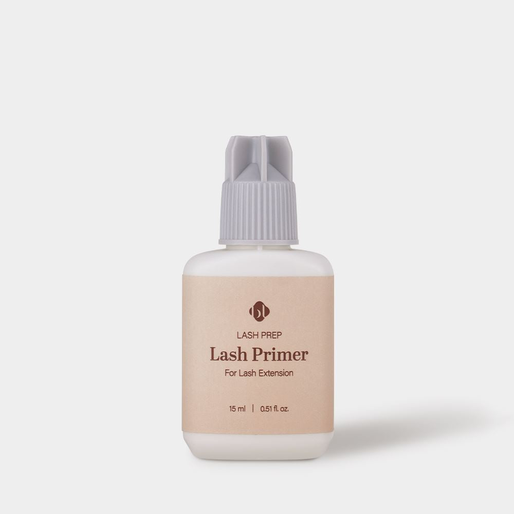 Front view of BL Lashes Lash Prep Lash Primer 15ml bottle for eyelash extensions, featuring a grey ribbed cap.