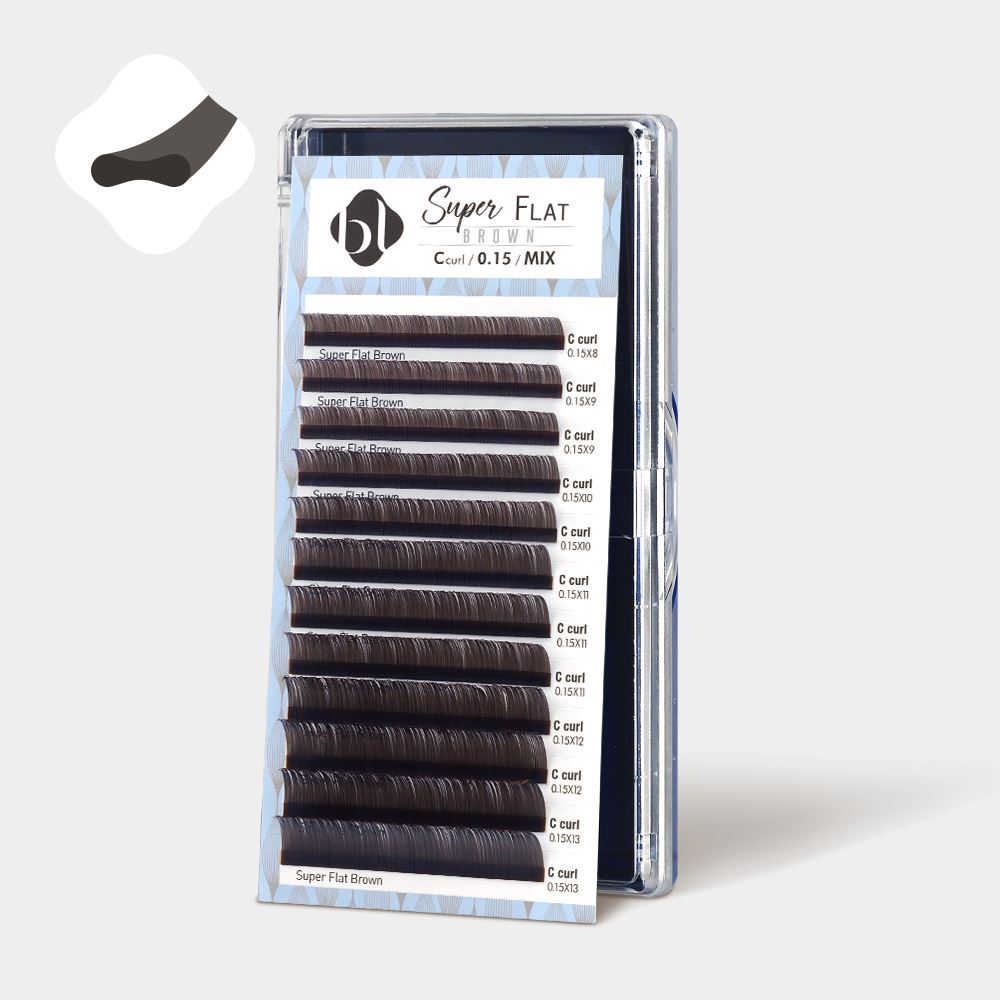 Front view of BL Lashes Super Flat DeepBrown eyelash extension tray displaying mixed length C curl lashes. The image includes an icon in the top left corner showing the flat, indented cross-section shape of the lash.