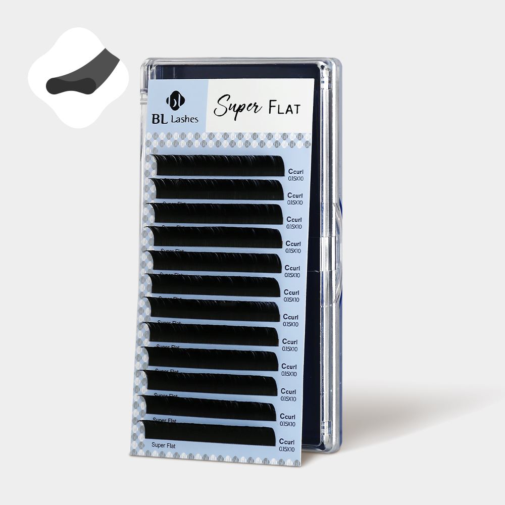 Front view of BL Lashes Super Flat eyelash extension tray displaying C curl lashes. The image includes an icon in the top left corner showing the flat, indented cross-section shape of the lash.