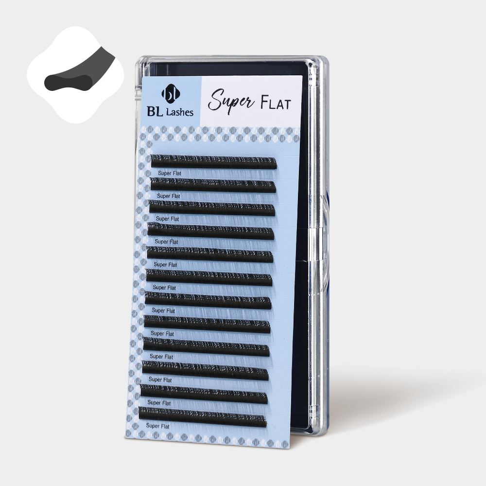 Front view of BL Lashes Super Flat eyelash extension tray. The image includes an icon in the top left corner showing the flat, indented cross-section shape of the lash.