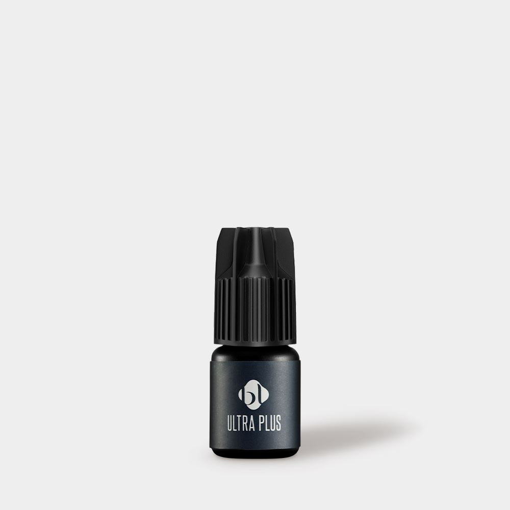 Front view of BL Lashes Ultra Plus eyelash extension adhesive bottle. (3g)