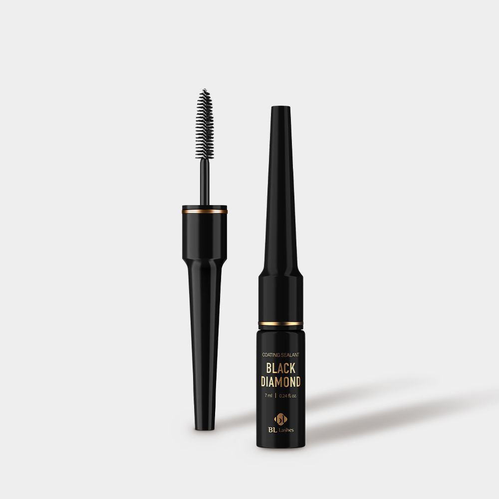 Front view of BL Lashes Black Diamond Coating Sealant bottle next to its opened mascara wand applicator.