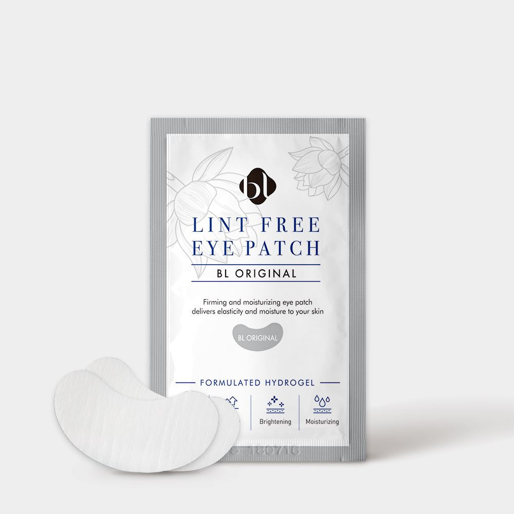 BL Lashes Lint Free Eye Patch “BL Original” hydrogel eye patches displayed in a white and gray sachet package on a light gray background. The packaging reads “Lint Free Eye Patch BL Original” and “Formulated Hydrogel,” with icons highlighting firming, brightening, and moisturizing benefits. Two curved white hydrogel patches are placed in front of the sachet, showing the shape designed to fit comfortably under the eyes during eyelash extension procedures or under-eye skincare treatments.