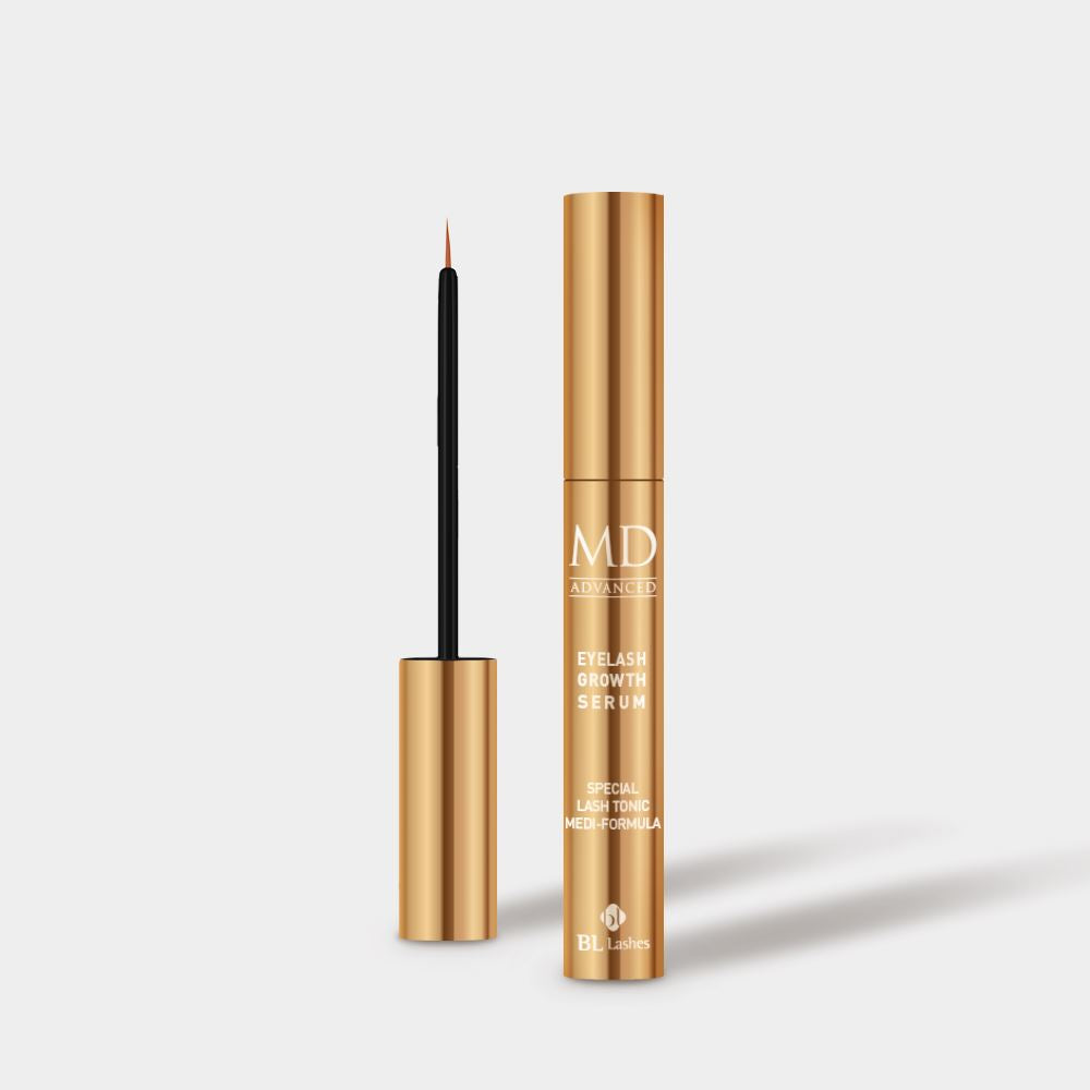 Front view of BL Lashes MD Advanced Eyelash Growth Serum gold tube next to its opened fine-tip wand applicator.