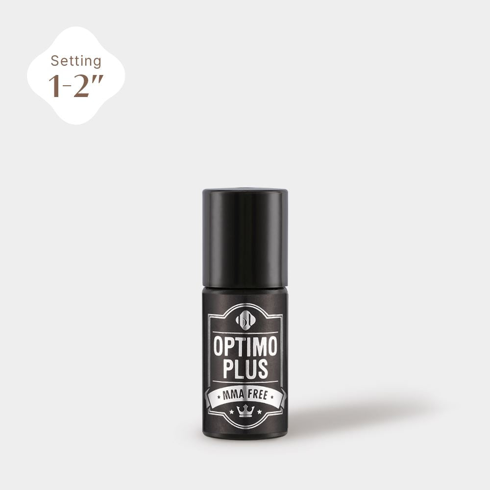 Front view of Optimo Plus Glue eyelash extension adhesive bottle. (5g)