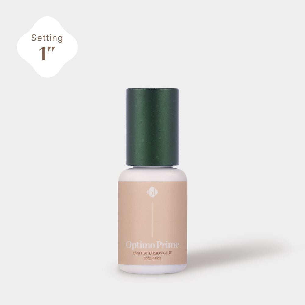 Front view of Optimo Prime Glue eyelash extension adhesive bottle. (5g)