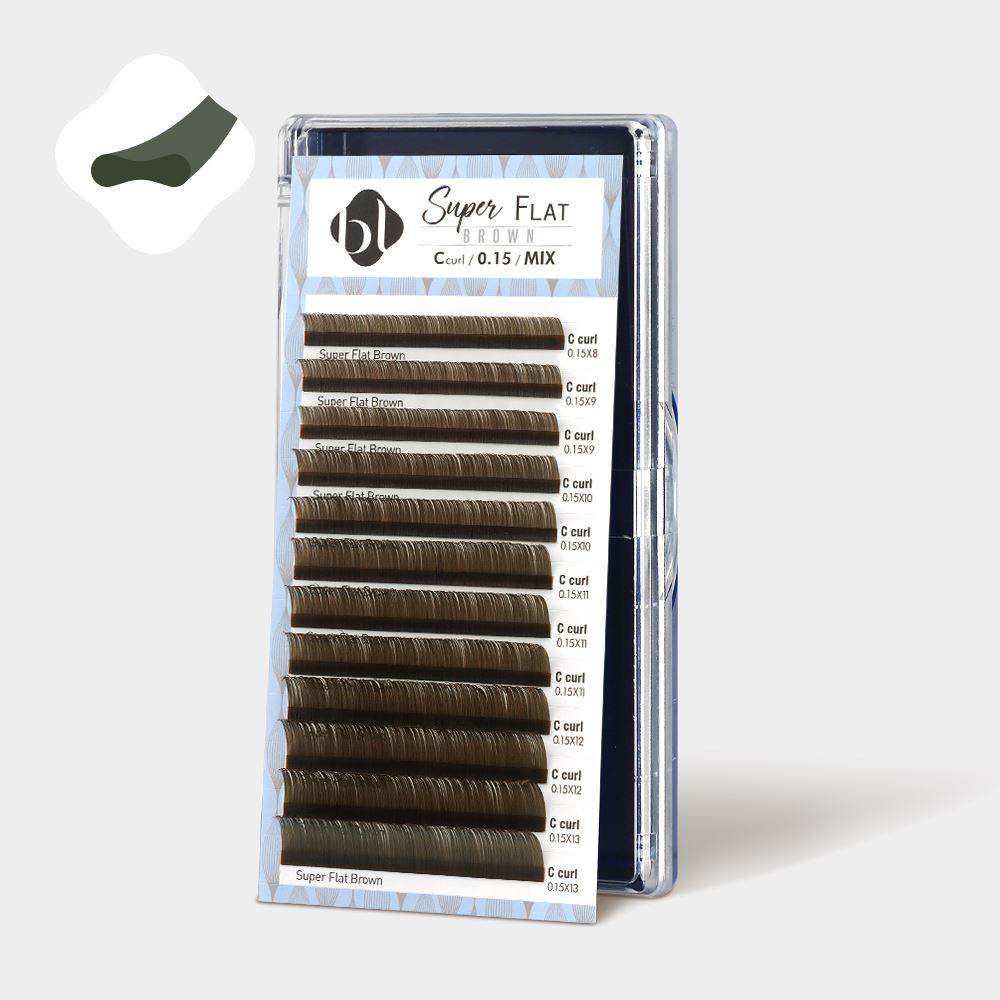 Front view of BL Lashes Super Flat Olive Brown eyelash extension tray displaying mixed length C curl lashes. The image includes an icon in the top left corner showing the flat, indented cross-section shape of the lash.